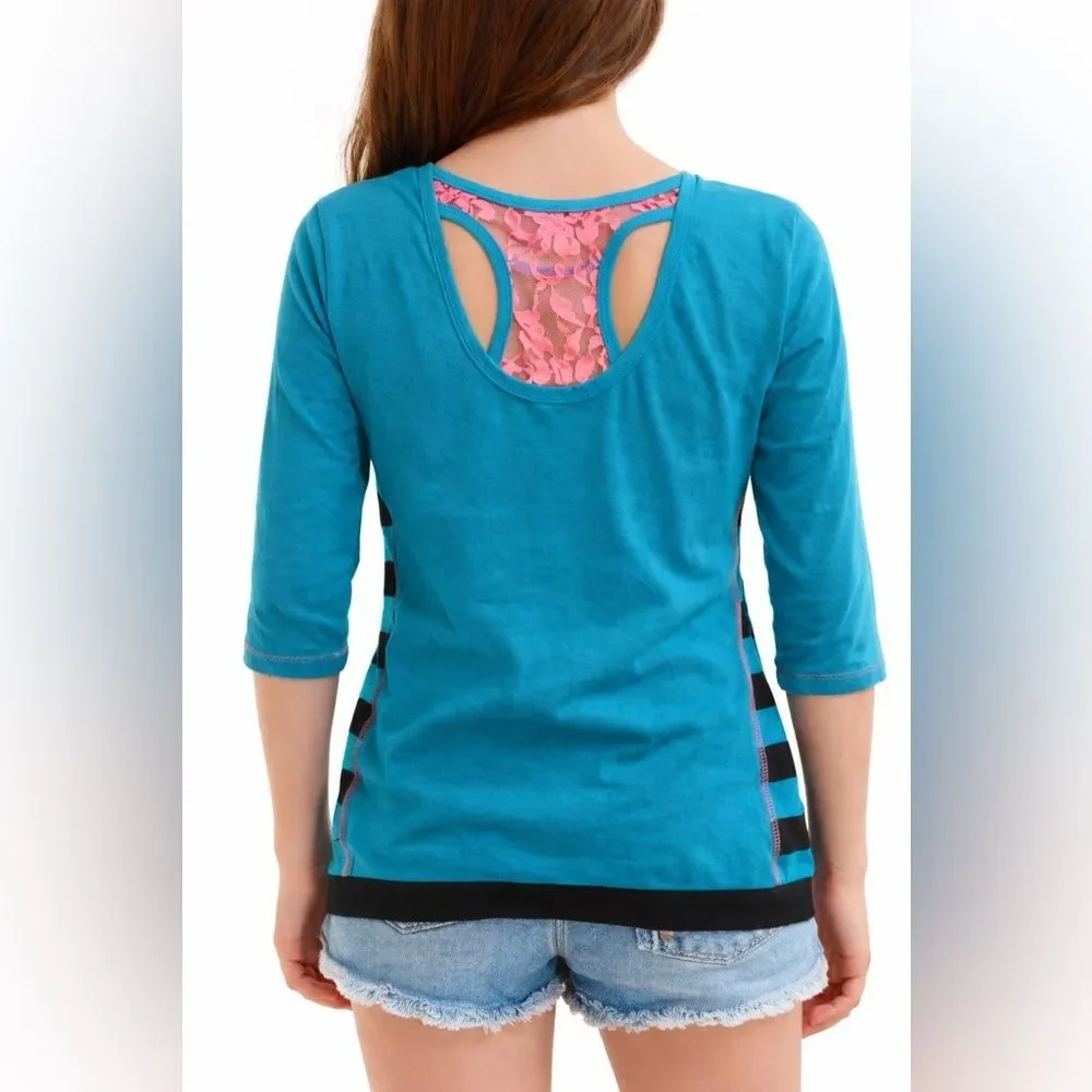 One Step Ahead Girls 10/12 OMG Lace Graphic Tee Teal Stripe 3/4 Sleeve Top